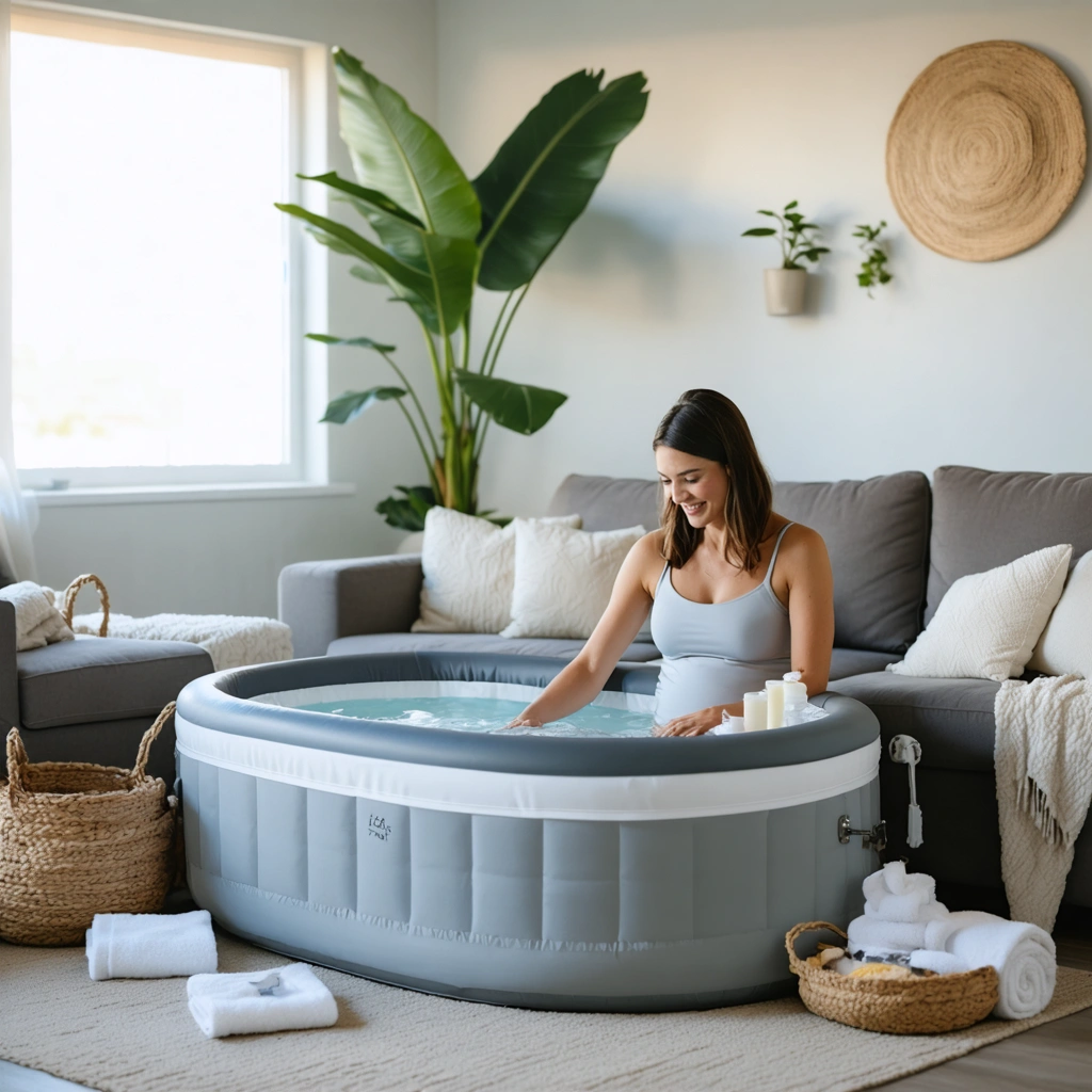 Salon chaleureux prêt pour un accouchement à domicile, avec piscine de naissance, coussins confortables et ambiance douce, montrant la préparation sereine d'une famille pour la venue de bébé.