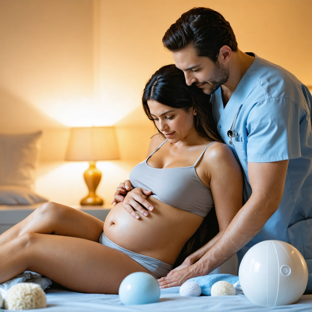Une femme en plein accouchement naturel, entourée d'une équipe bienveillante et d'éléments de confort, illustrant la force et la solidarité pendant la naissance.