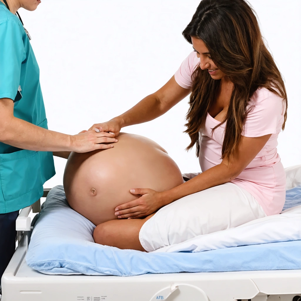 Femme enceinte en train d'accoucher sur le côté, entourée d'une sage-femme et de son partenaire, dans une salle d'accouchement chaleureuse.