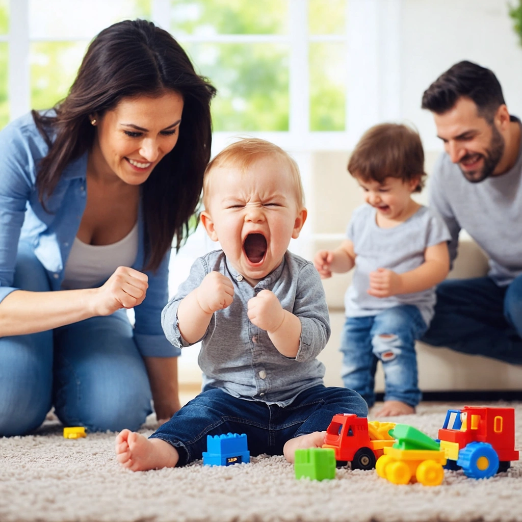 Une maman réconforte son enfant de 3 ans en pleine crise, entourée de sa famille dans un salon chaleureux avec des jouets éparpillés.