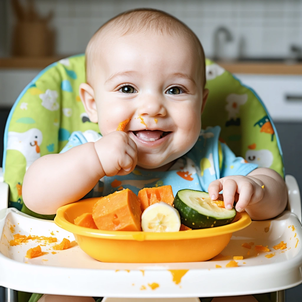 Un bébé souriant assis dans sa chaise haute, attrapant des morceaux fondants de patate douce, courgette et banane sur une assiette colorée, prêt à découvrir la méthode BLW.