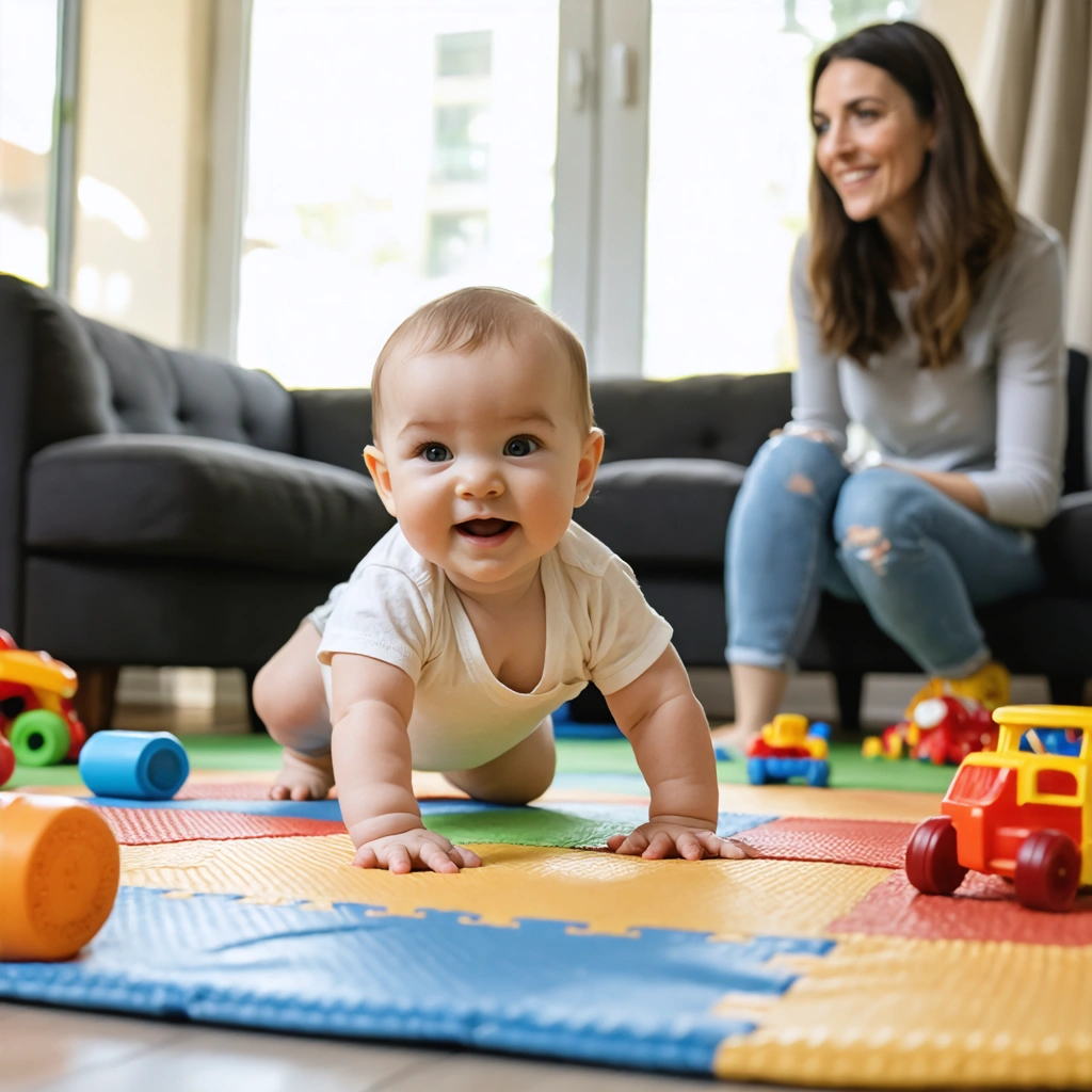 Un bébé souriant rampe à quatre pattes sur un tapis d’éveil coloré, entouré de jouets, sous le regard attentif de sa mère.