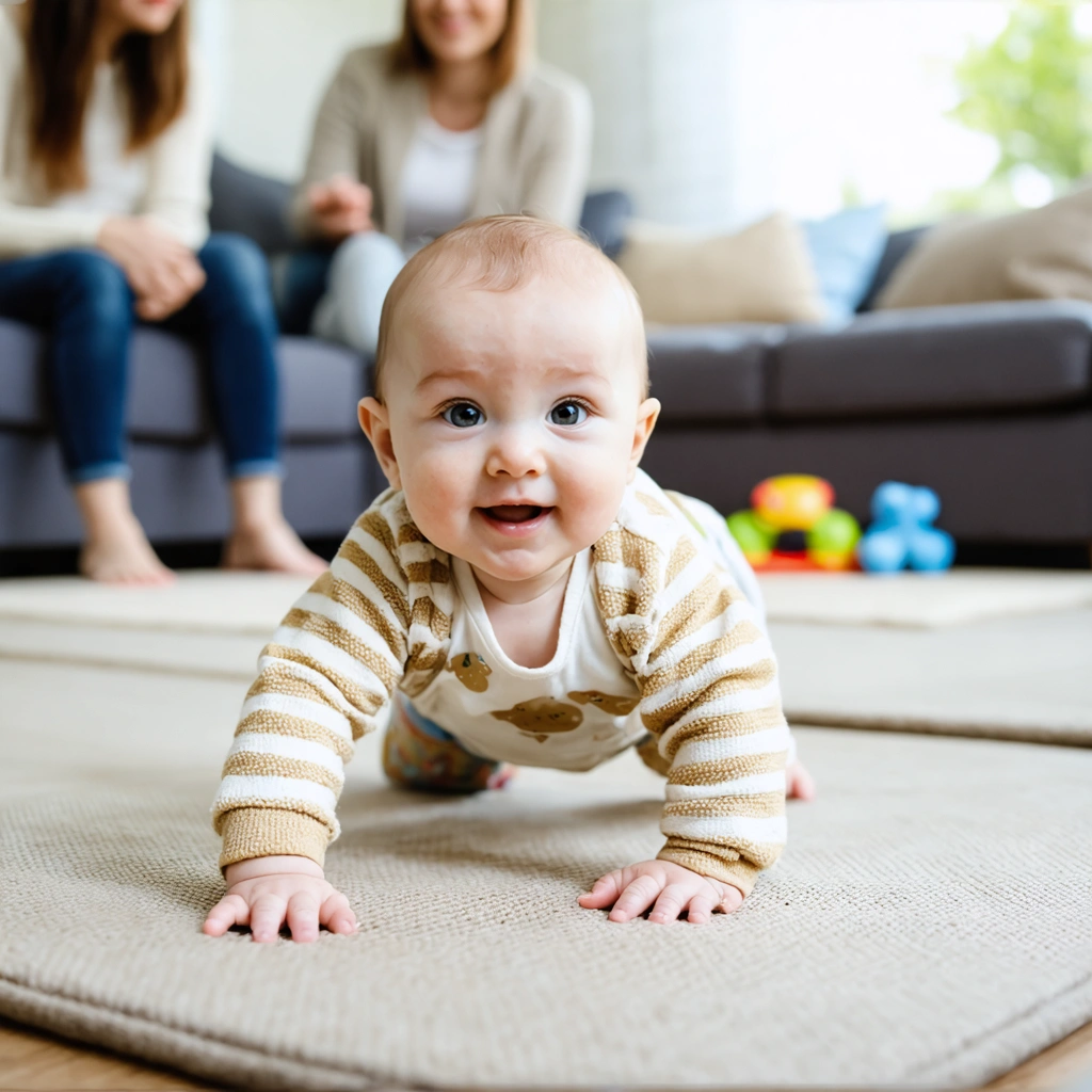 Un bébé souriant sur un tapis de jeu doux essaie de se déplacer à quatre pattes, l’air concentré mais amusé, avec des jouets et des parents surveillant à distance dans une pièce lumineuse.