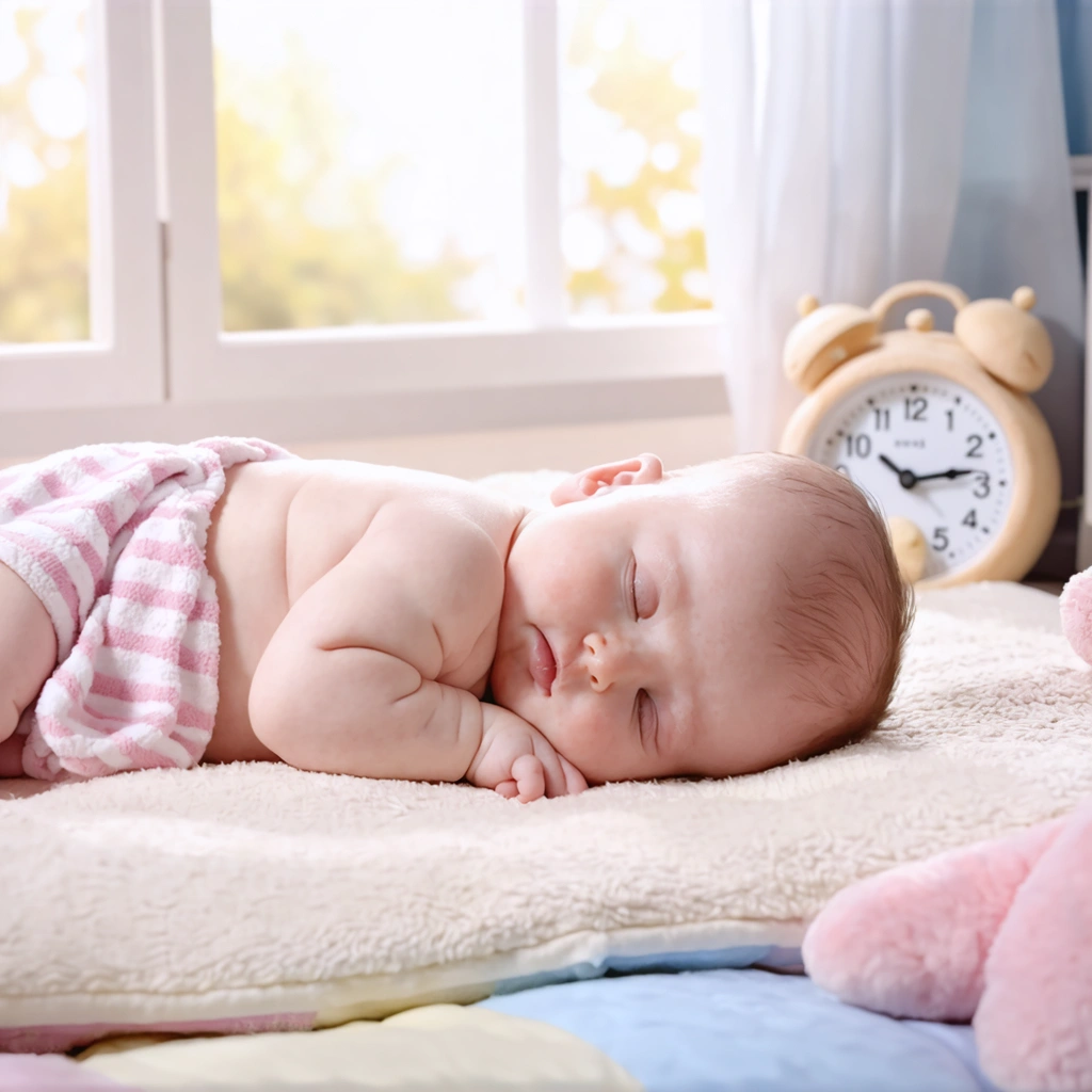 Un bébé de 4 mois dort paisiblement dans une chambre lumineuse, entouré de jouets et sous la surveillance d'une maman souriante.