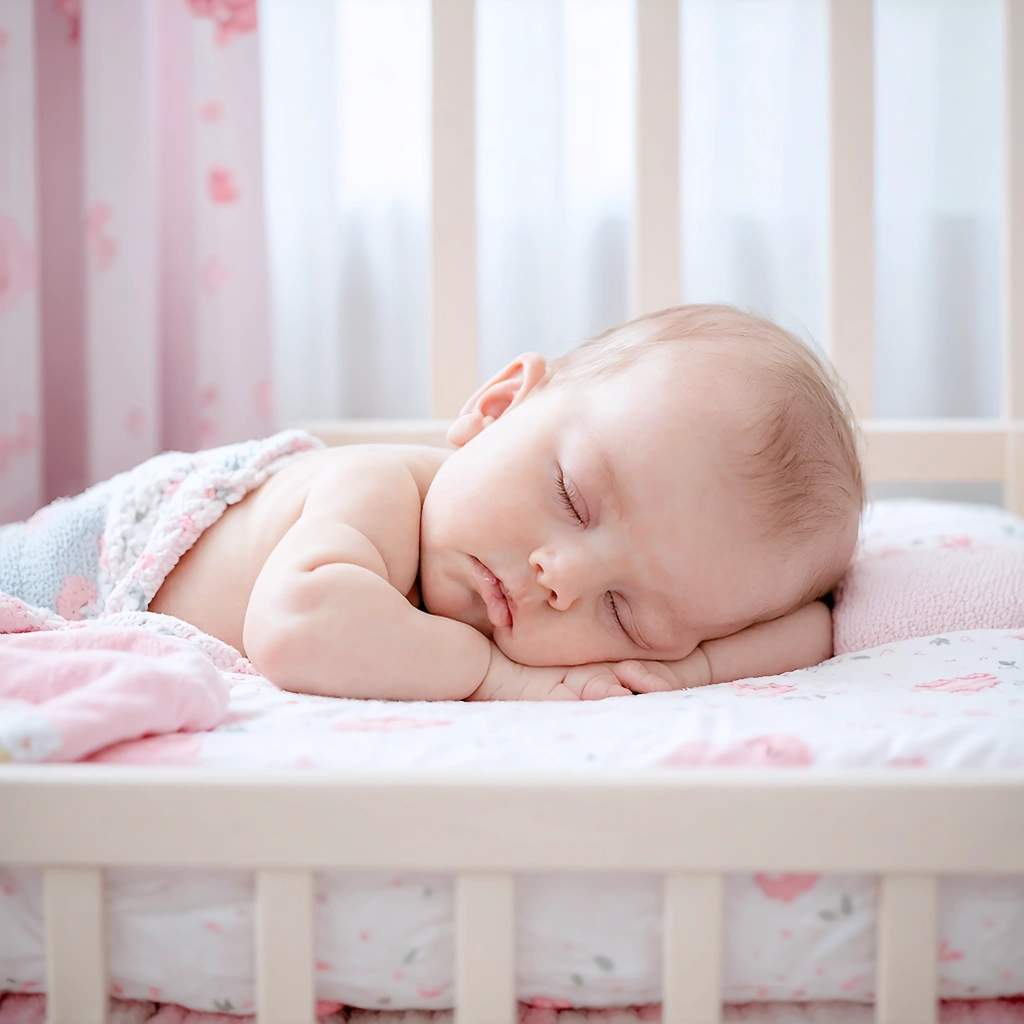 Bébé paisiblement endormi dans un lit, dans une chambre apaisante à la lumière tamisée.
