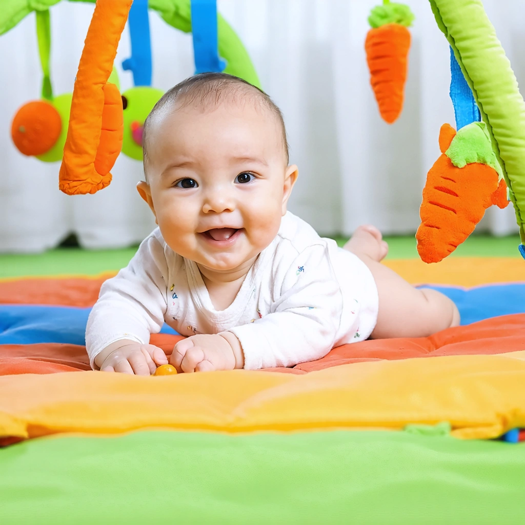 Un bébé allongé sur un tapis d’éveil sensoriel coloré, entouré de jouets suspendus et de différentes textures, explorant avec curiosité dans une ambiance joyeuse.