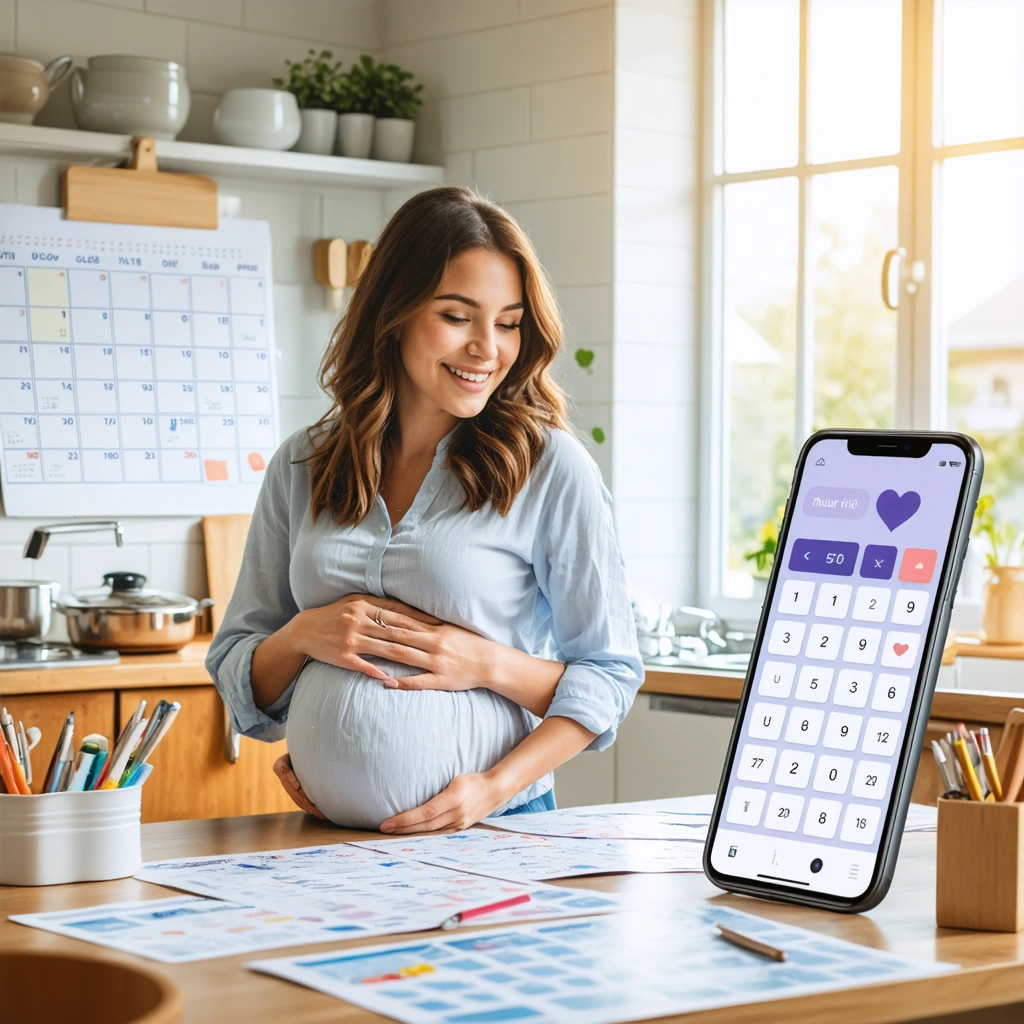 Femme enceinte souriante calculant la date d'accouchement avec un calendrier et un smartphone, entourée d'objets de bébé.