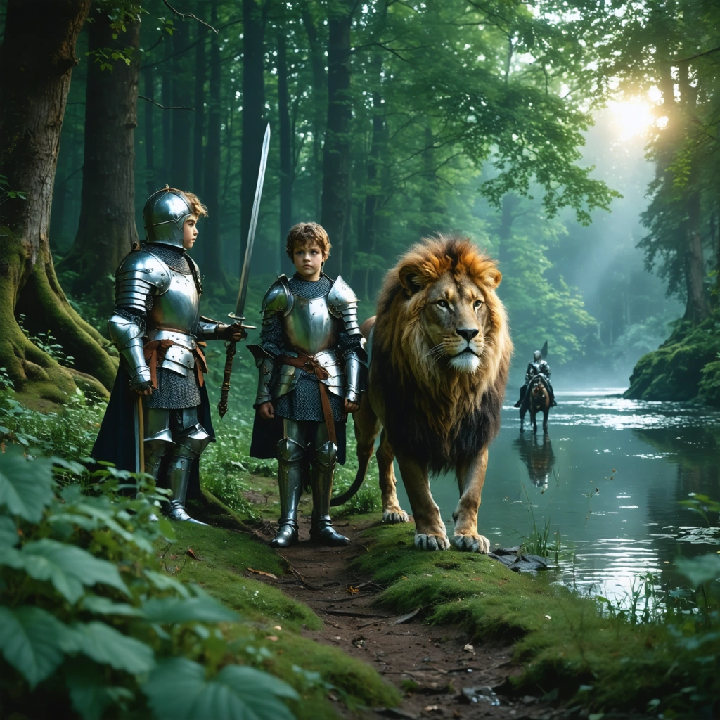 Trois jeunes chevaliers médiévaux en armure, dont l'un est accompagné d'un lion, rassemblés dans une forêt enchantée près d'un lac mystérieux, évoquant les légendes arthuriennes.