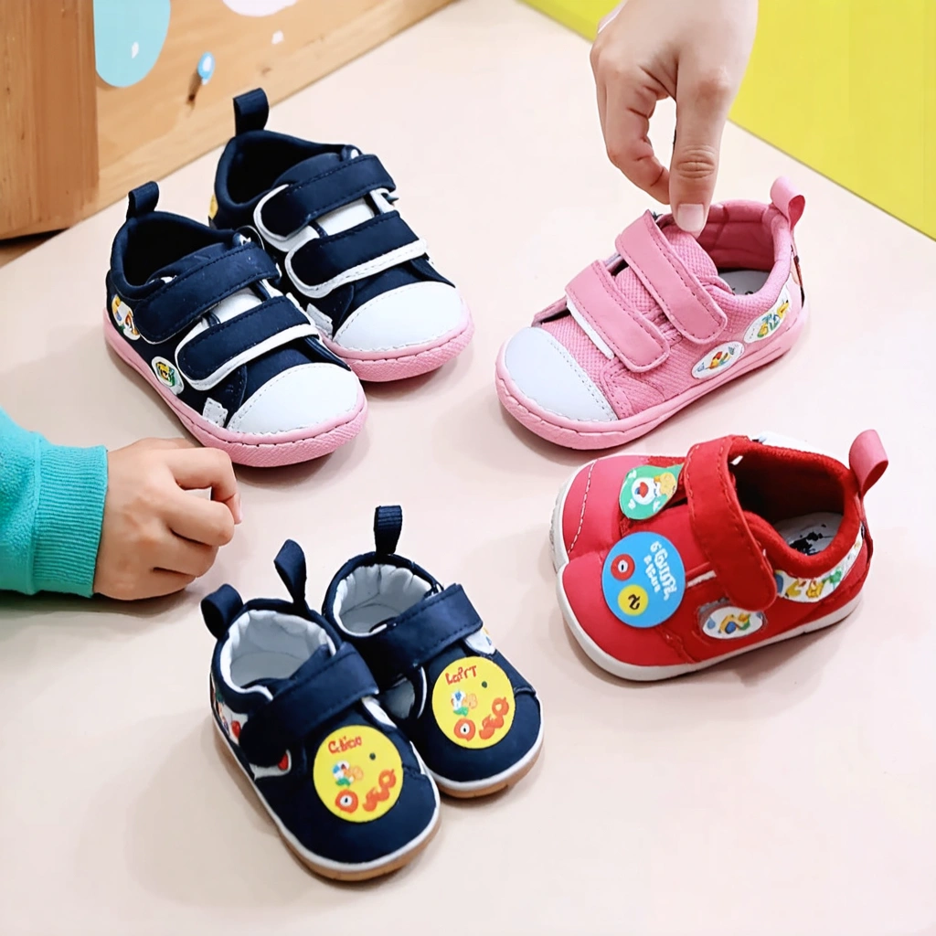 Deux petites chaussures pour enfant, avec des scratchs colorés et des gommettes différentes sur chaque pied, posées l'une à côté de l'autre, et à l'intérieur des chaussures, une gommette ronde coupée en deux pour indiquer le bon sens.
