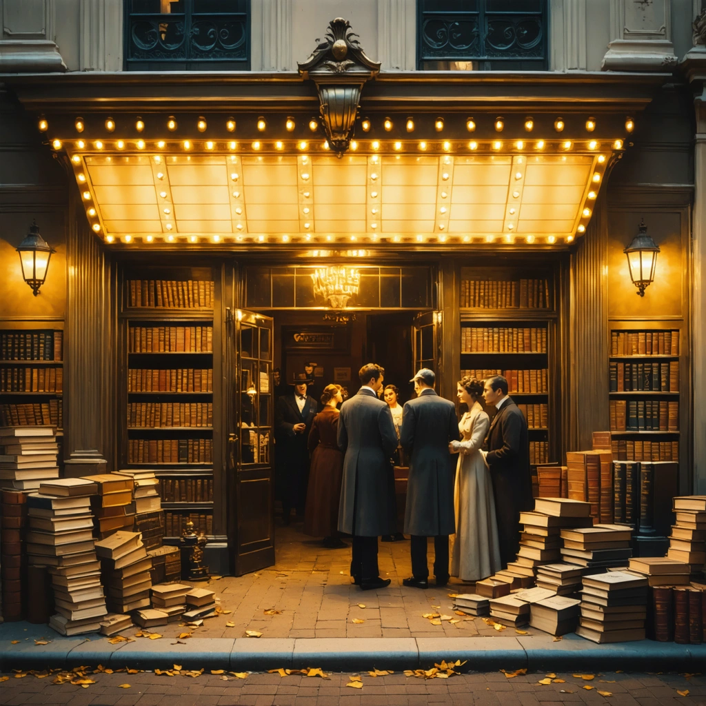 Façade d'un vieux cinéma avec des personnages habillés à la mode ancienne et des livres classiques posés devant, illustrant l'intemporalité des prénoms associés à la culture populaire.