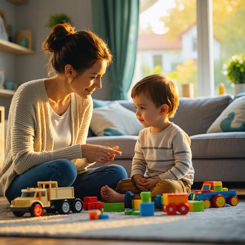 Une mère discute calmement avec son enfant dans le salon, illustrant la communication non violente au sein de la famille.