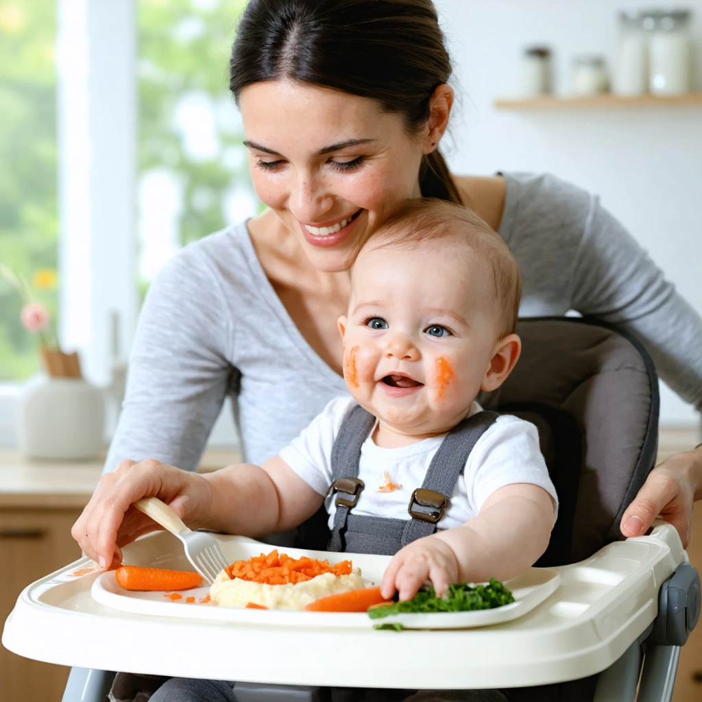 Une maman observe avec douceur les joues de son bébé après le repas pour repérer les premiers signes d'eczéma, dans une pièce calme et lumineuse.