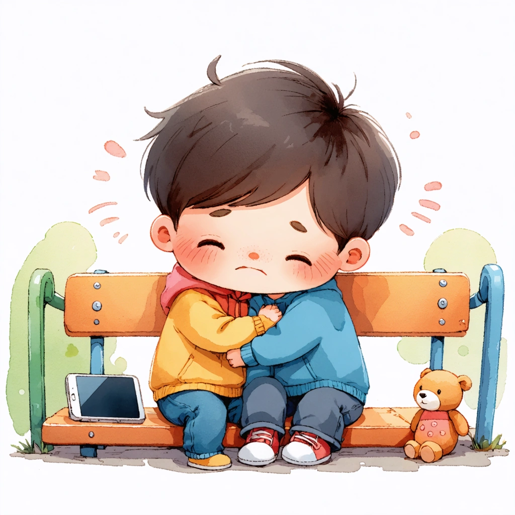 Deux enfants sur une aire de jeux : l’un réconforte l’autre en posant une main sur son épaule tandis qu’un doudou et un smartphone sont posés en arrière-plan, illustrant la connexion émotionnelle et la compassion.
