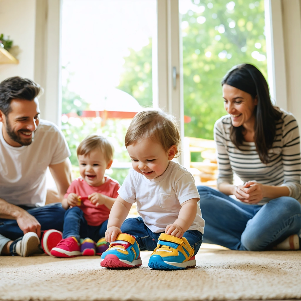 Un jeune enfant met ses chaussures tout seul sous le regard bienveillant de ses parents dans un salon ensoleillé.