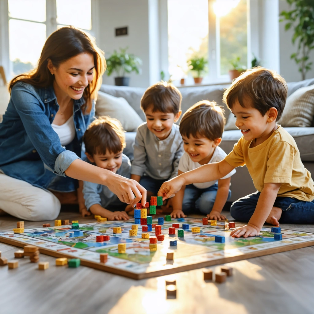 Des enfants assis sur le sol d’un salon en train d’échanger des jetons colorés autour d’un jeu, sous le regard bienveillant d’une maman.