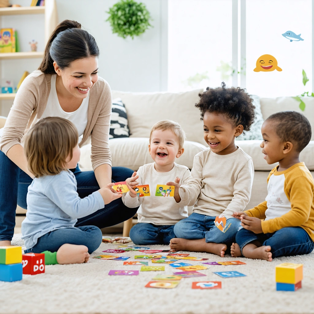 Enfants et jeune mère jouant à des jeux de rôle sur les émotions dans un salon lumineux et chaleureux