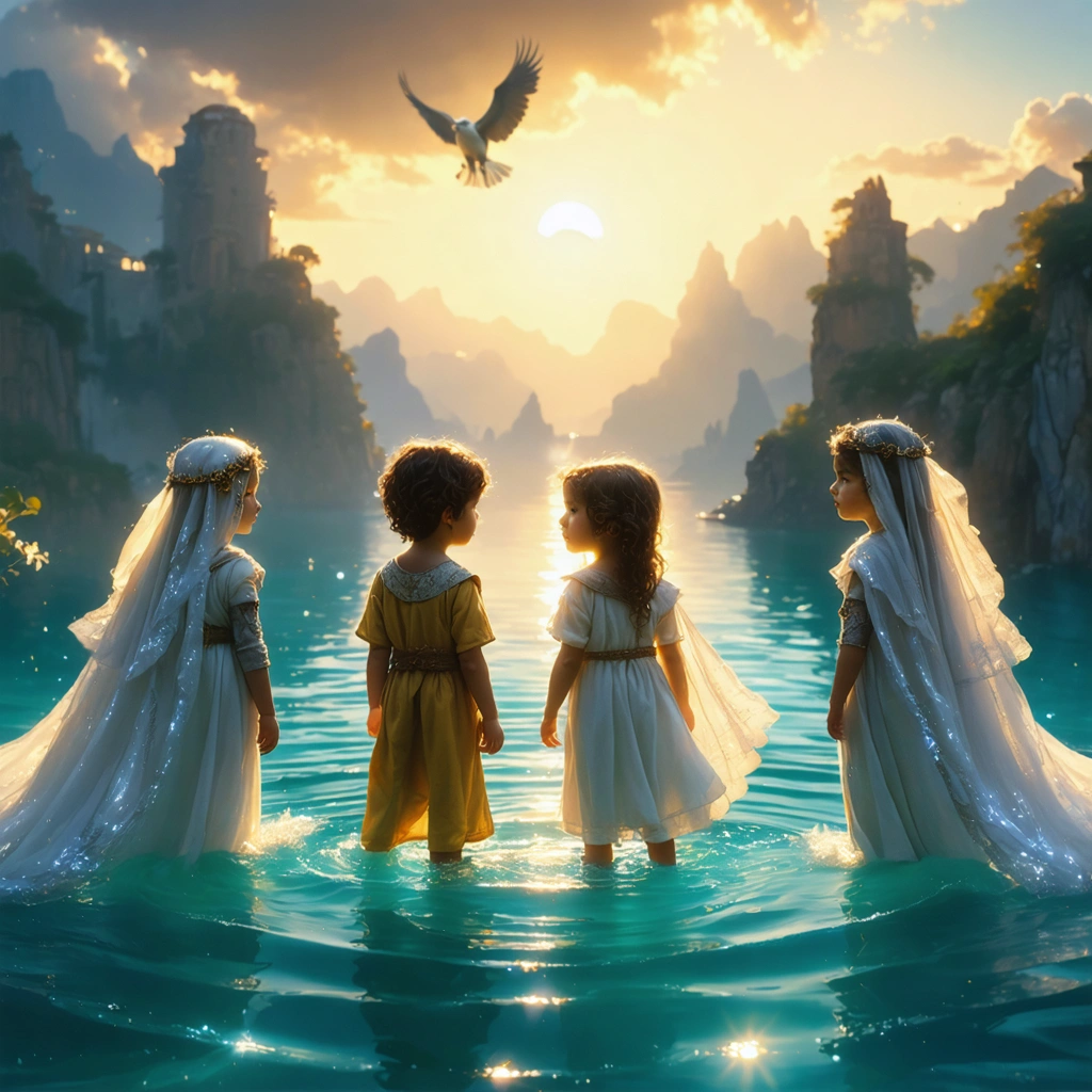 Quatre enfants représentant chacun un prénom poétique : un rayon lumineux pour Lior, une attitude rêveuse pour Néo, une ambiance ensoleillée pour Elio, et un enfant avec un aigle dans le ciel pour Ezio, dans une scène onirique et chaleureuse, sans texte visible.