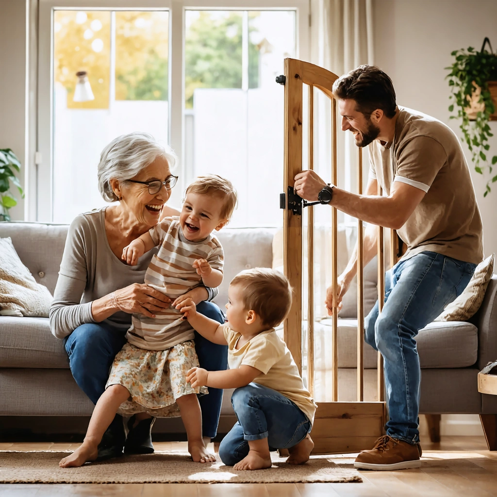 Scène de famille montrant une grand-mère jouant avec des enfants, un oncle réparant un portail et deux cousins se soutenant dans un salon chaleureux.
