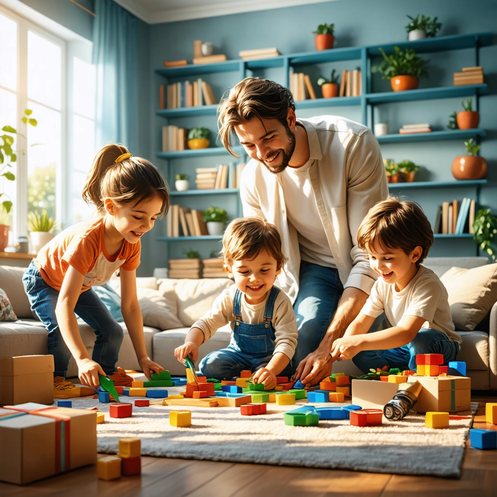Scène de vie familiale chaleureuse où plusieurs membres d'une famille s'entraident dans les tâches du quotidien, souriants et unis dans un salon accueillant.