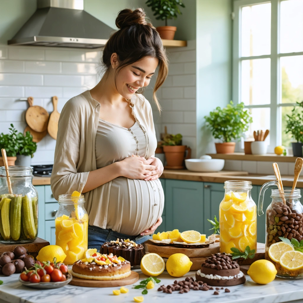 Femme enceinte souriante devant une table remplie de combinaisons alimentaires inhabituelles dans une cuisine familiale chaleureuse.
