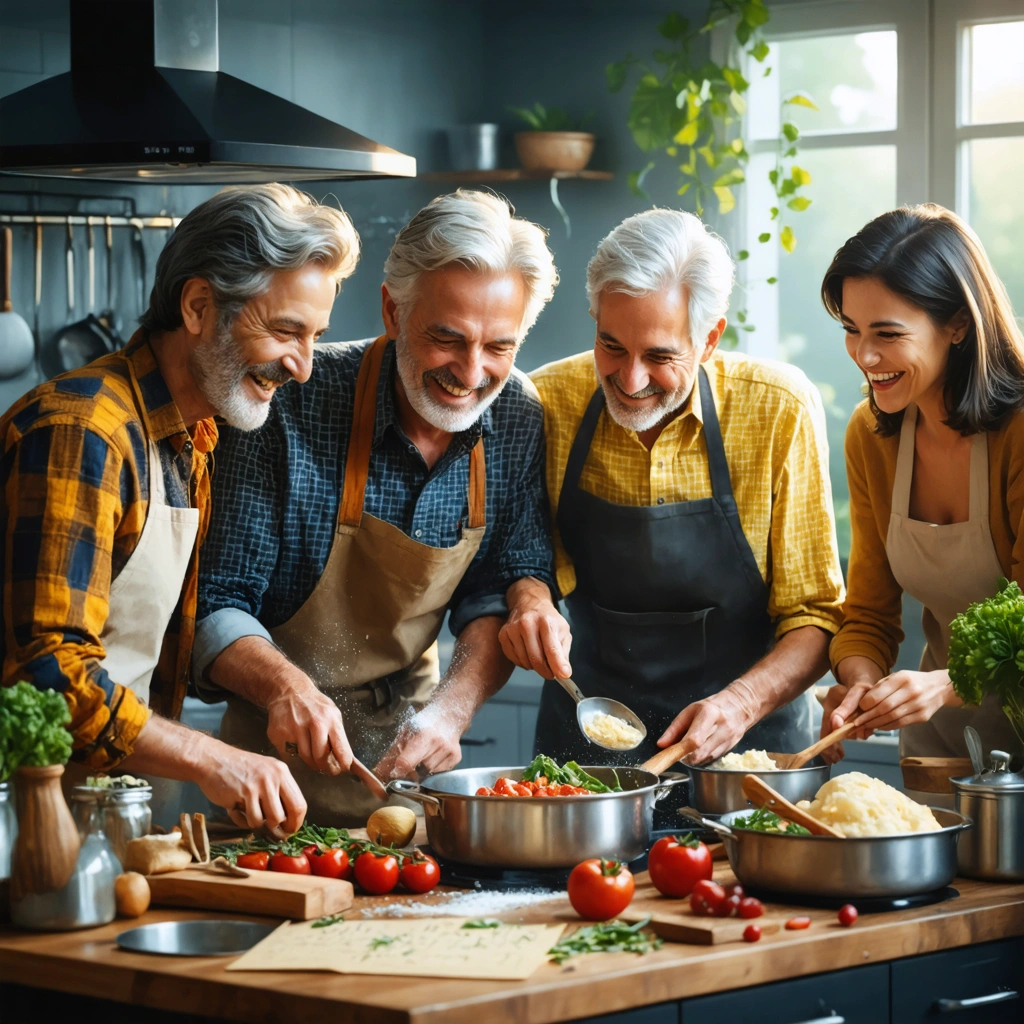 Groupe familial de plusieurs générations cuisinant ensemble dans une cuisine chaleureuse, partageant et transmettant une recette familiale, ambiance conviviale.