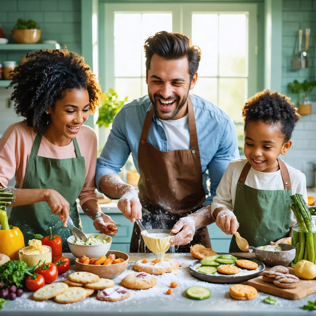 Une famille qui cuisine ensemble dans une cuisine chaleureuse, avec des enfants et des adultes qui rient en préparant des plats originaux, dont des cookies et des ingrédients surprenants comme des cornichons.