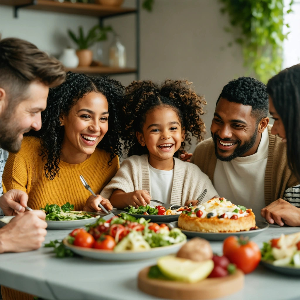Une famille réunie autour de la table, échangeant des regards attentifs et souriants dans une atmosphère apaisée et chaleureuse.
