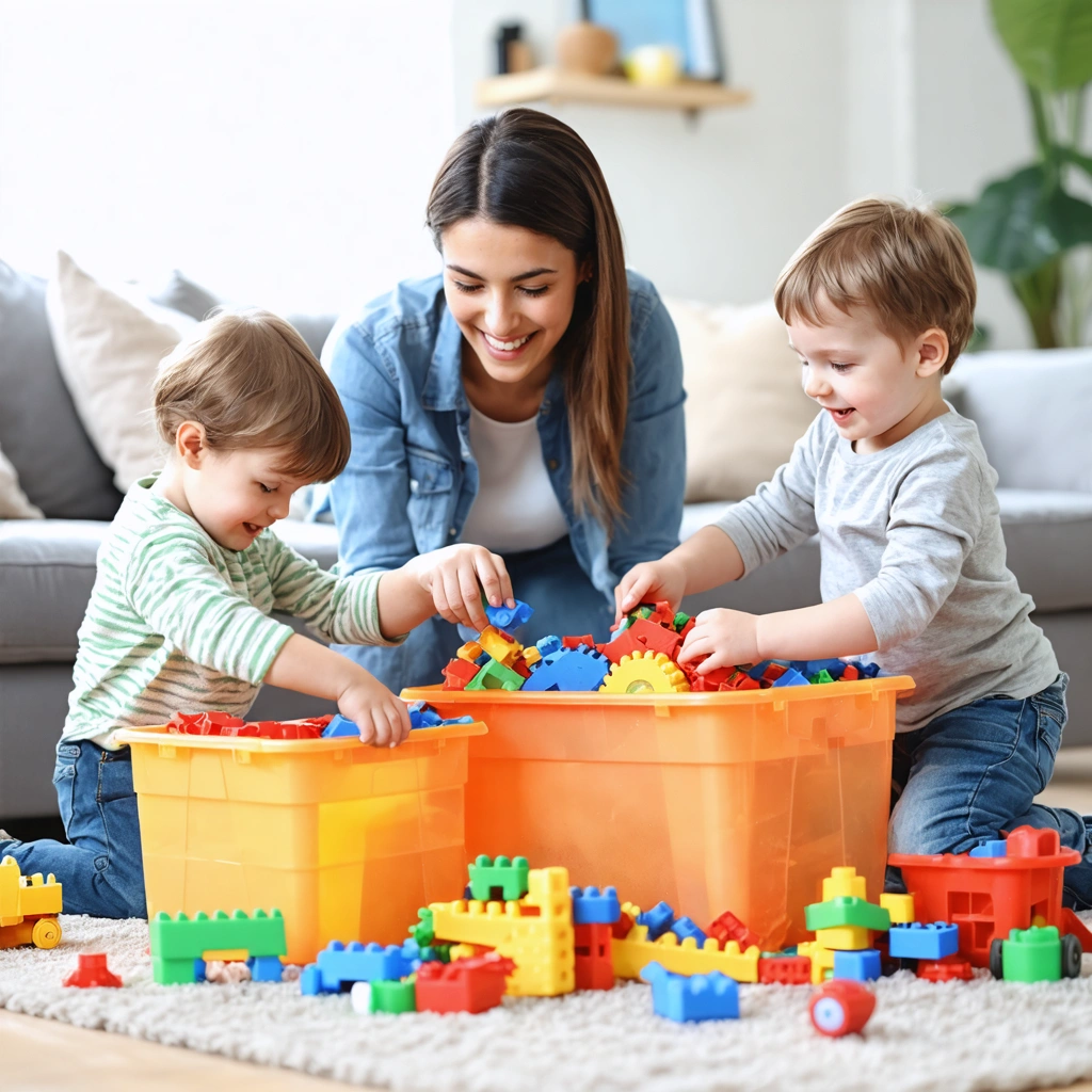 Une mère et deux enfants qui rangent ensemble des jouets colorés dans une pièce conviviale, souriants et impliqués dans le rangement.