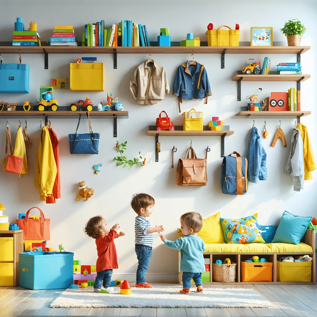 Organisation verticale d'une maison familiale nombreuse, avec des étagères murales pour jouets, crochets à manteaux, paniers empilés et des enfants souriants profitant de l'espace ordonné.