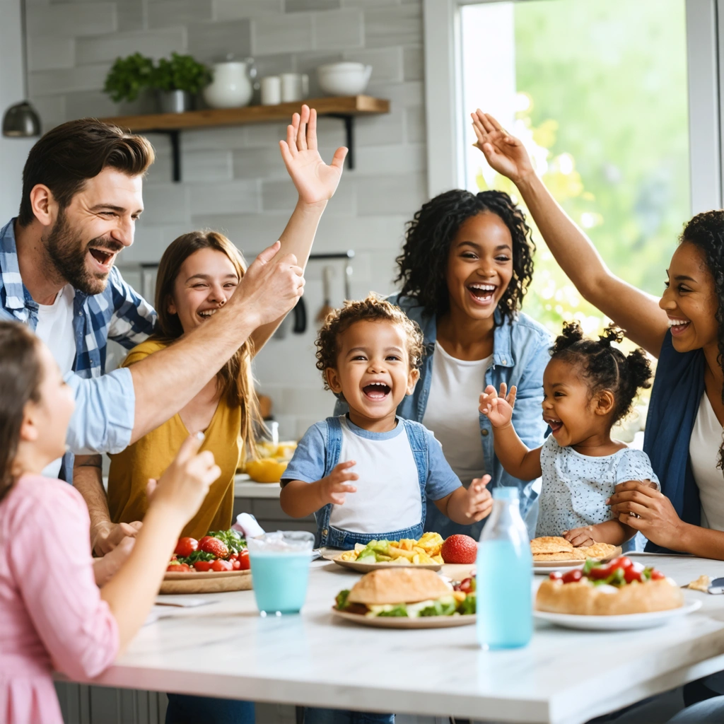 Famille réunie autour d'une table, tous les membres lèvent la main pour voter dans une ambiance chaleureuse et complice.