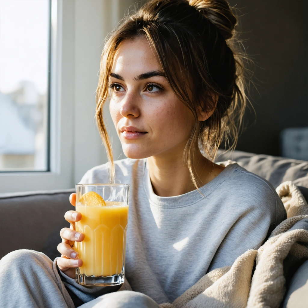 Jeune femme assise sur un canapé goûtant son verre de jus d’orange avec une grimace amusée, illustrant un symptôme discret de grossesse.