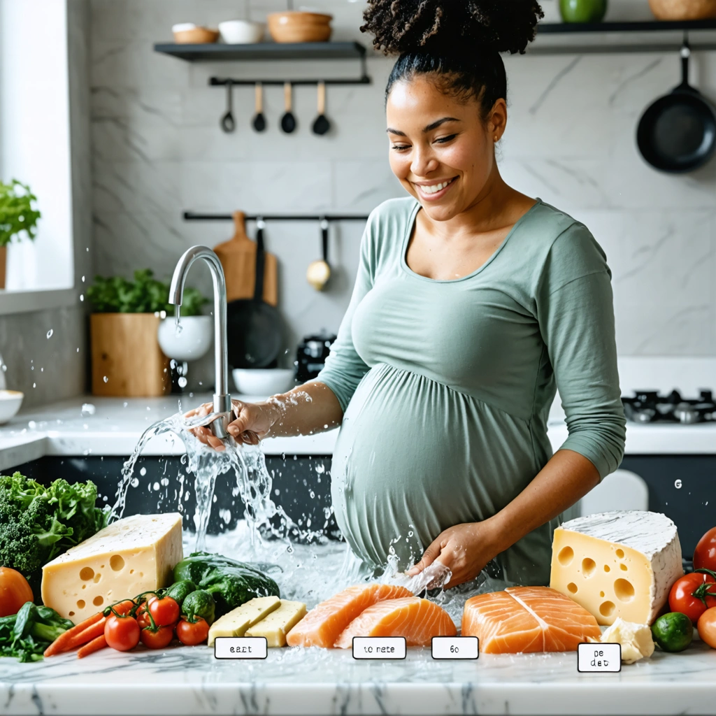 Une femme enceinte souriante lave soigneusement des légumes frais dans sa cuisine, entourée de fromages et de poissons étiquetés selon leur sécurité pendant la grossesse