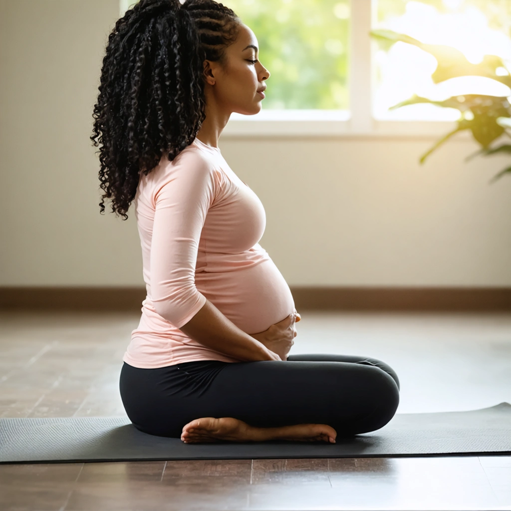 Femme enceinte effectuant des exercices de respiration sur un tapis de yoga pour soulager les douleurs dans le dos, dans une ambiance détendue.