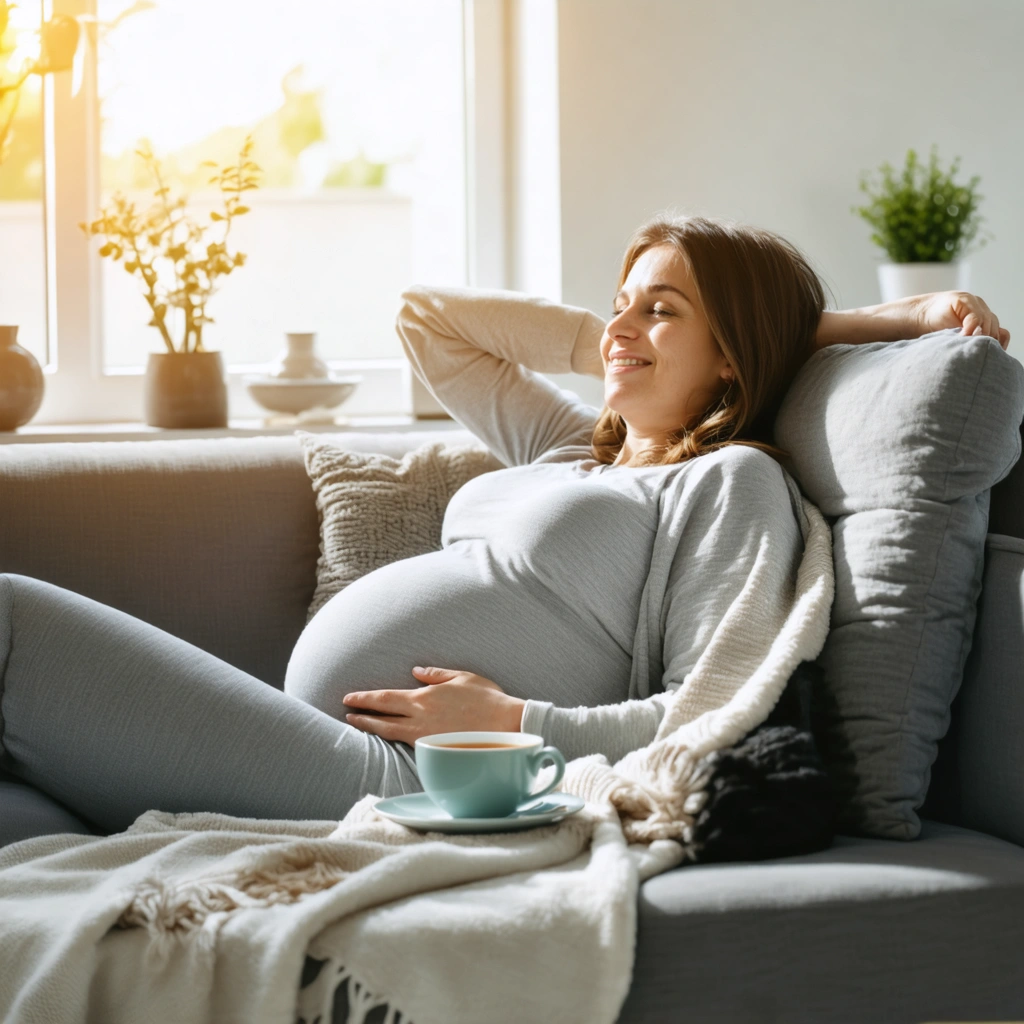 Une femme enceinte repose tranquillement sur un canapé, profitant d'une sieste courte dans un salon lumineux, illustrant la gestion de la fatigue intense en début de grossesse.