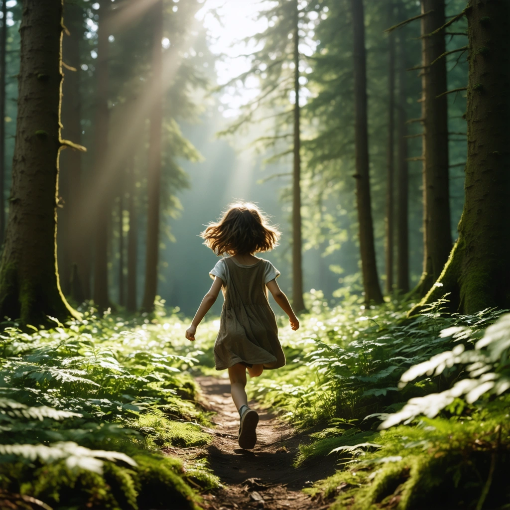 Une jeune fille aventureuse court librement dans une forêt sauvage baignée de lumière, entourée de verdure foisonnante.