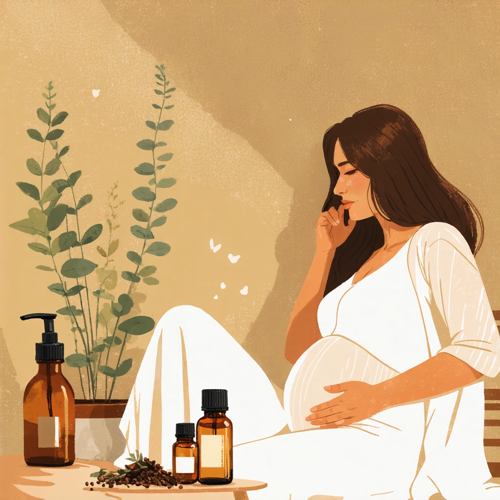 Une femme enceinte assise tranquillement avec des flacons d'huiles essentielles posés sur une table, une sage-femme présente à ses côtés dans une ambiance chaleureuse et rassurante.