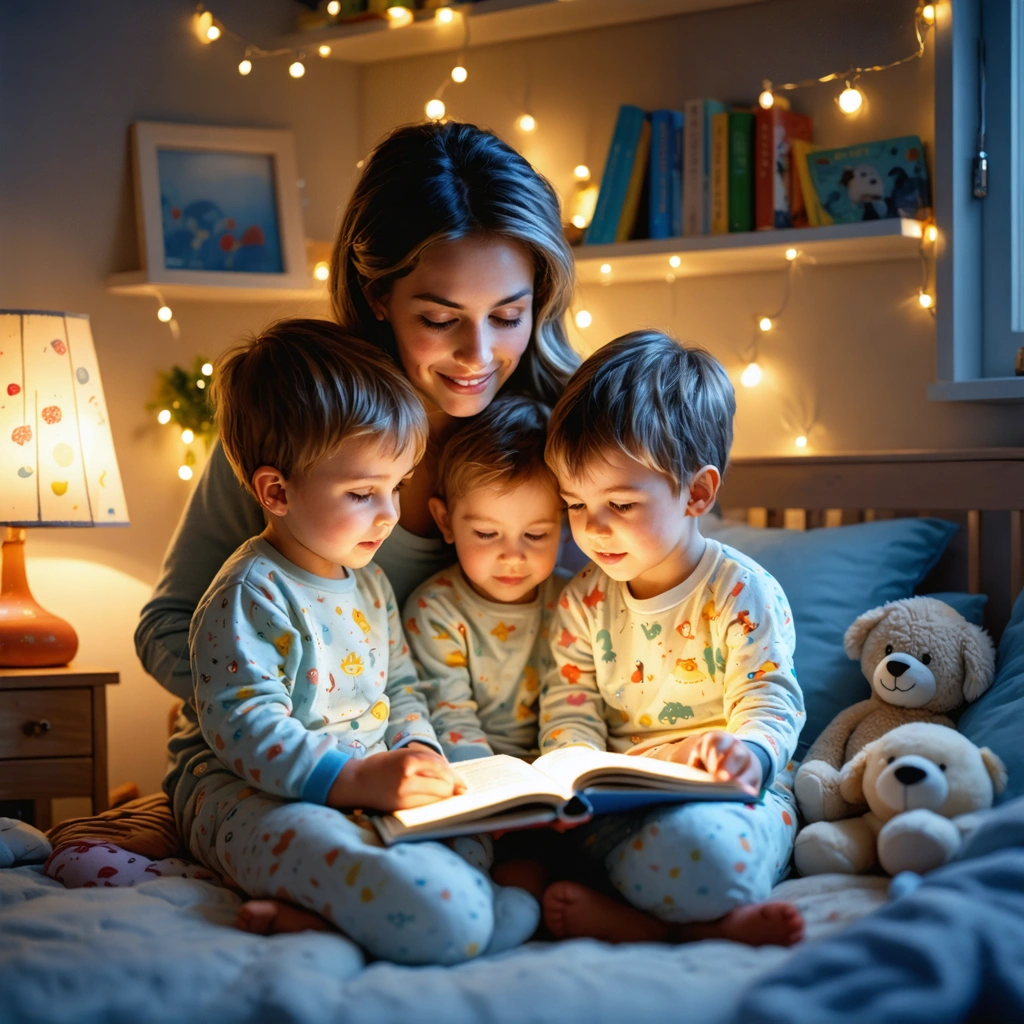 Une mère lit des histoires du soir à ses enfants dans une chambre tamisée avec une lumière douce et des doudous.