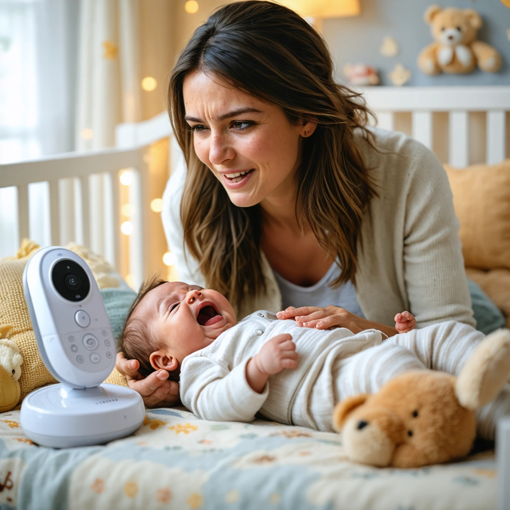 Une jeune maman observe son bébé en pleurs dans une chambre douce et rassurante, cherchant à comprendre la raison de ses larmes.