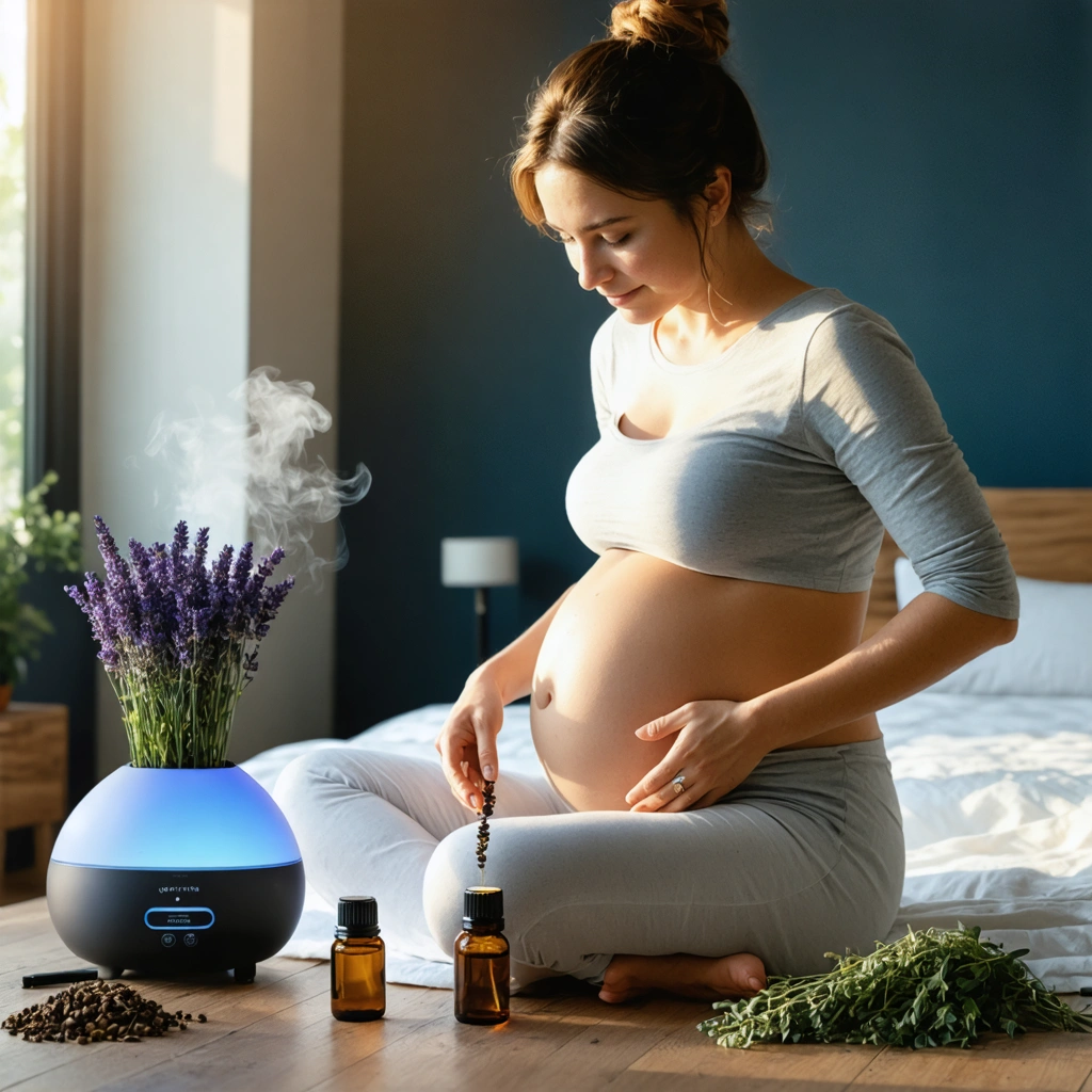 Une femme enceinte détendue applique des huiles essentielles dans une pièce calme, entourée de plantes de sauge, lavande et girofle, avec un diffuseur d'arômes en action.