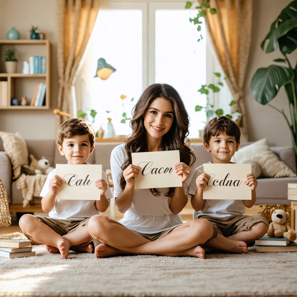 Jeune maman entourée de ses garçons jouant avec des cartes de prénoms rares dans un salon chaleureux et convivial
