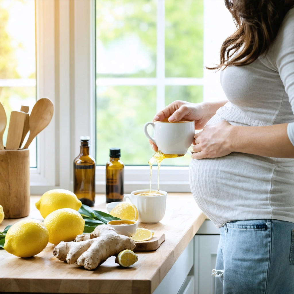 Femme enceinte préparant une tasse de tisane de gingembre et citron dans une cuisine ensoleillée, avec des ingrédients naturels sur la table.