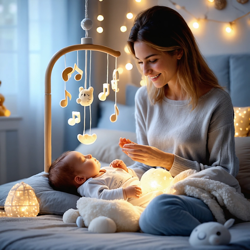 Une maman berce tendrement son bébé dans une chambre tamisée avec un mobile musical, créant une ambiance apaisante pour calmer les pleurs du soir.