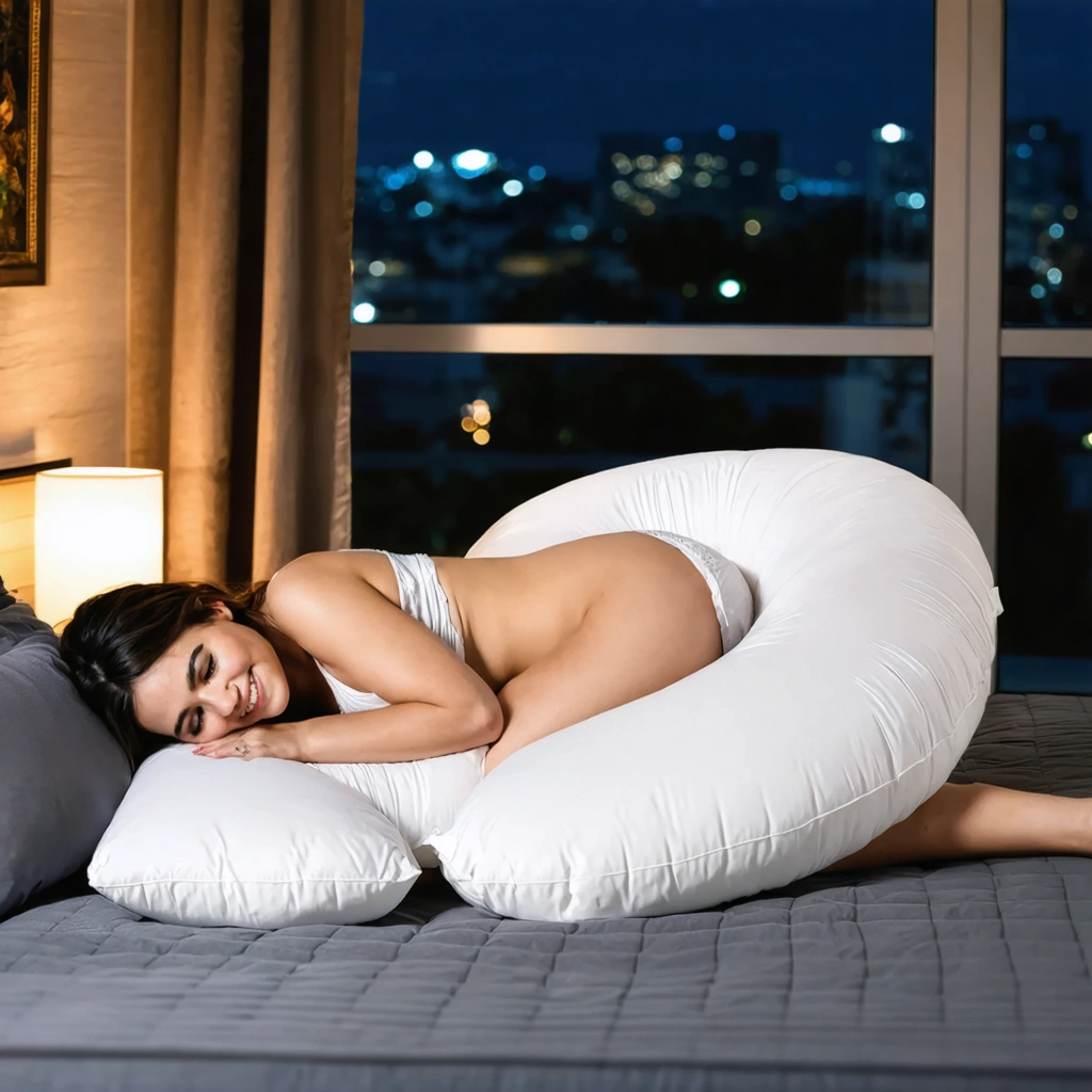 Femme enceinte allongée confortablement sur un coussin de grossesse ergonomique dans une chambre chaleureuse la nuit