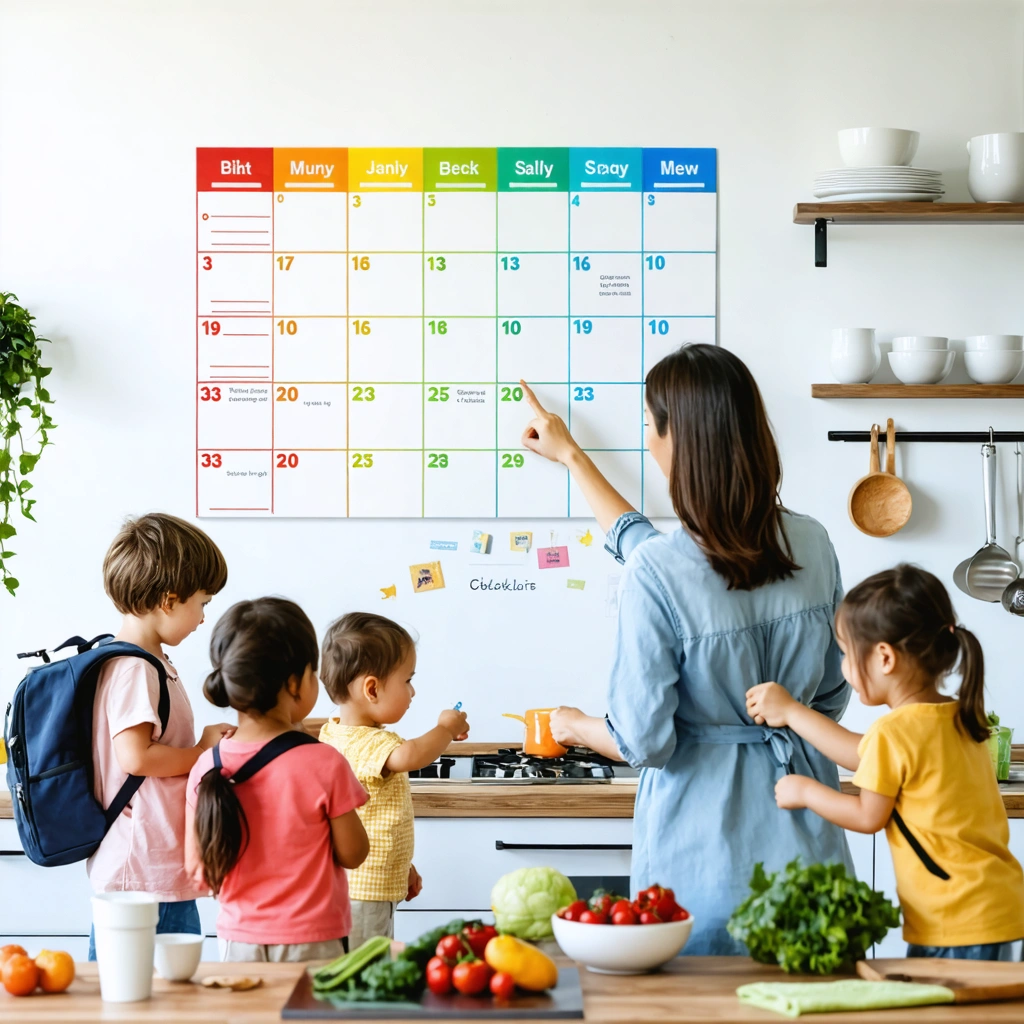 Une grande famille dans une cuisine vivante où chaque membre possède des objets personnels de couleur différente et consulte un planning familial coloré au mur.