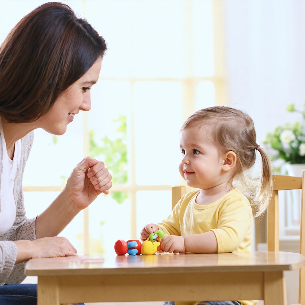 Un parent et un enfant assis face à face autour d'une petite table, en train de dialoguer calmement dans une ambiance chaleureuse, illustrant un moment de communication non-violente et paisible à la maison.
