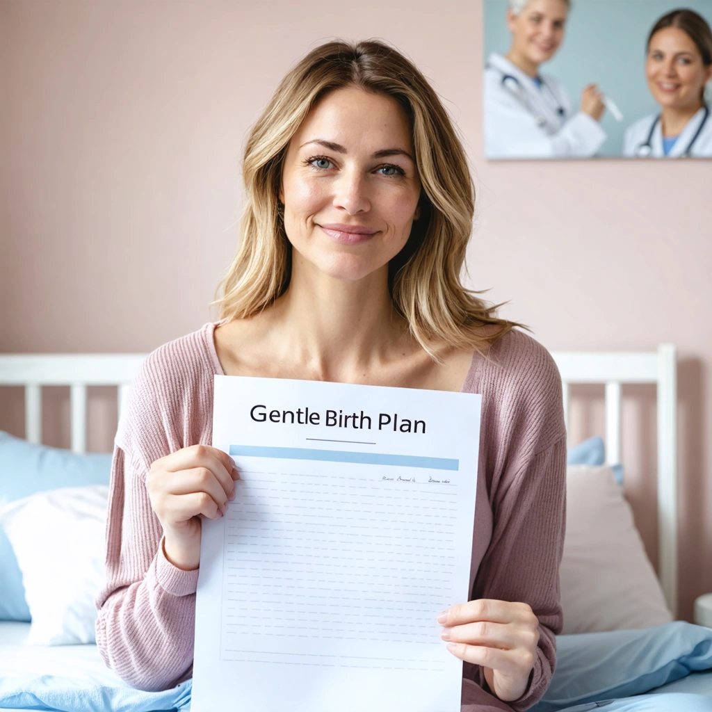 Une femme confiante présente son plan de naissance dans une atmosphère de maternité apaisante, entourée d'une équipe médicale bienveillante, évoquant le choix et la reprise de contrôle après une césarienne.