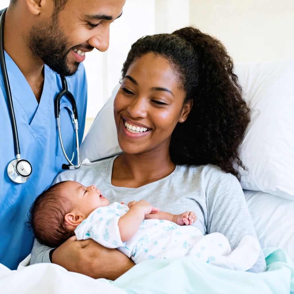 Une jeune maman entourée de soignants et de son partenaire, tenant son plan de naissance, avec son bébé sur la poitrine, sourire et émotion après un accouchement par voie basse après césarienne.