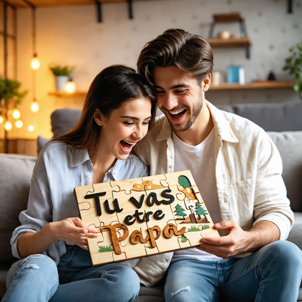 Une jeune femme souriante remet un puzzle en bois personnalisé à un futur papa surpris, le puzzle révèle le message 'Tu vas être papa', dans une ambiance familiale chaleureuse.