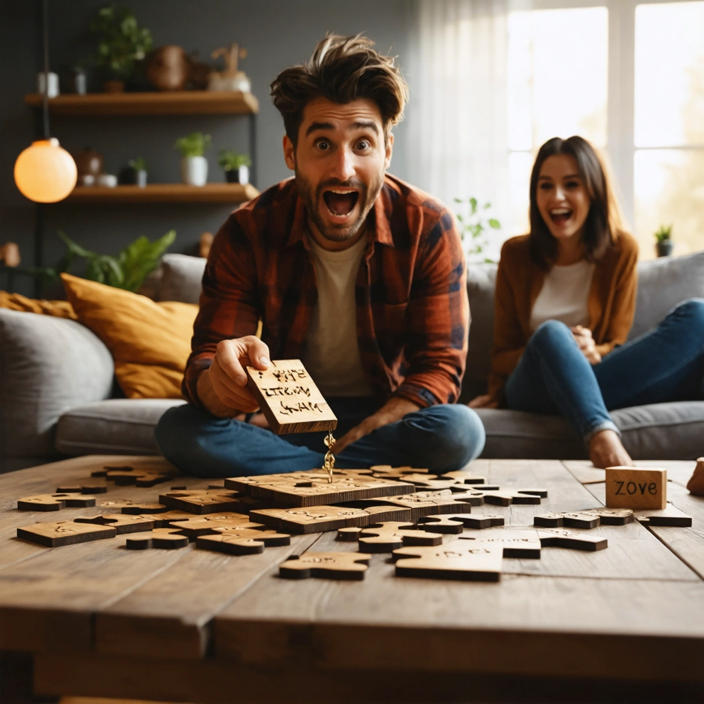 Un homme étonné découvre un puzzle en bois révèlant un message secret, assis dans un salon chaleureux avec une femme souriante à côté de lui.