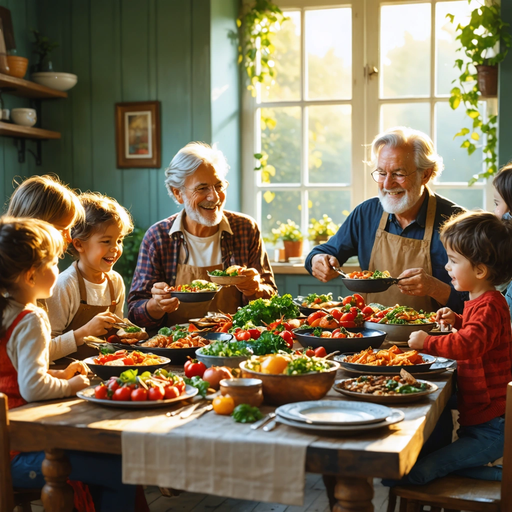 Grande famille réunie autour d'une grande table pour un repas du dimanche, sourires et plats faits maison devant eux dans une ambiance conviviale.